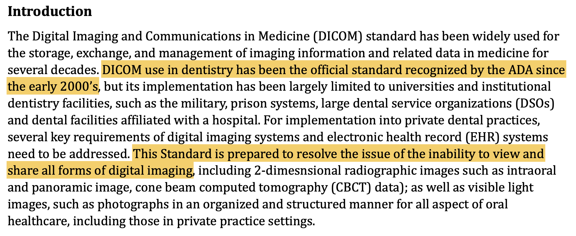 A paragraph from the introduction of ADA-1114: Implementation Requirements for the Effective Use of DICOM in Dentistry, with important text highlighted.