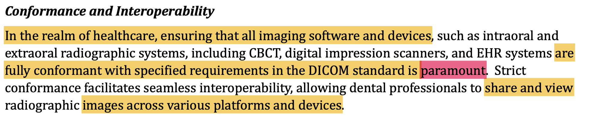 A paragraph from the introduction of ADA-1114: Implementation Requirements for the Effective Use of DICOM in Dentistry, with important text highlighted.