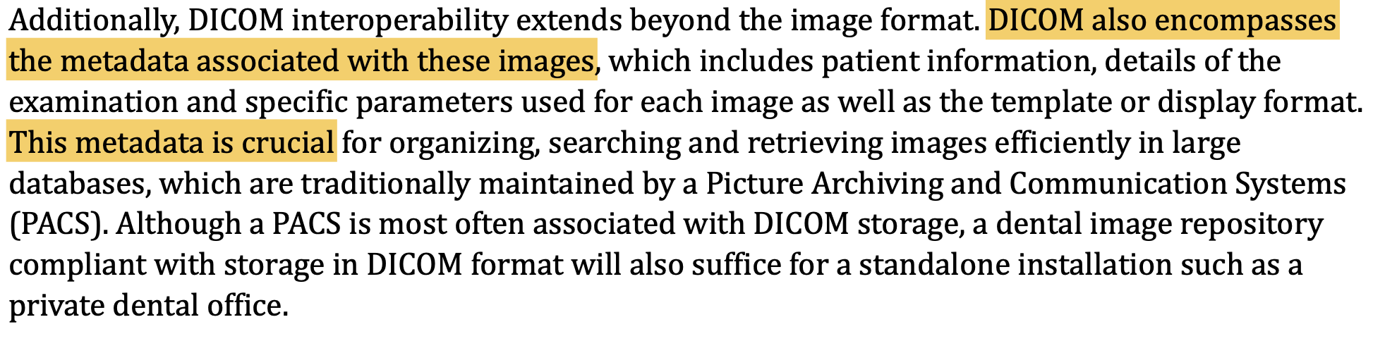 A paragraph from the introduction of ADA-1114: Implementation Requirements for the Effective Use of DICOM in Dentistry, with important text highlighted.